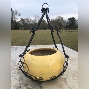 Vintage Ceramic Yellow Flower Pot Planter & Metal Ornate Hanging Basket Shabby